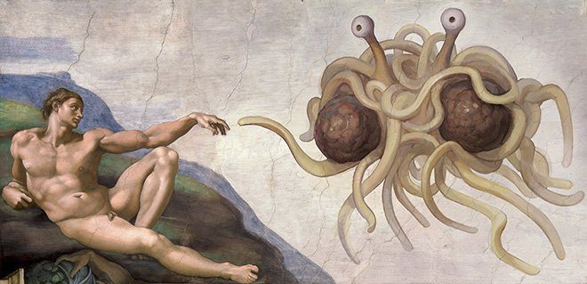 Touched by His Noodly Appendage, the parody of Michelangelo's Creation of Adam has become an iconic image of the Flying Spaghetti Monster. (Source: Wikimedia)
