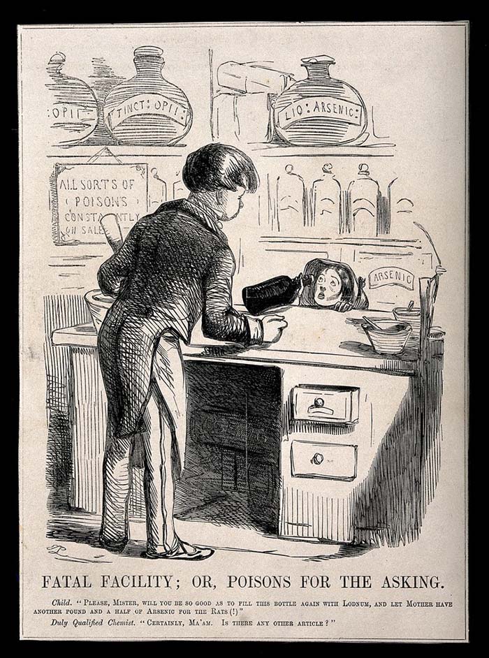 An unscrupulous chemist selling a child arsenic and laudanum. Wood engraving after J. Leech. (Source: Science Museum, London)