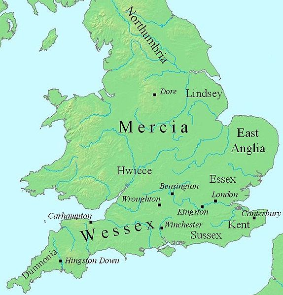 There was no ‘England’ at the time. Angles and Saxons had displaced Celts and formed separate kingdoms, which would slowly consolidate into ‘Angle-land’ or ‘England’. By the Vikings’ time, there were four: East Anglia, Northumbria, Mercia and Wessex. (Source: Wikimedia/Mike Christie)