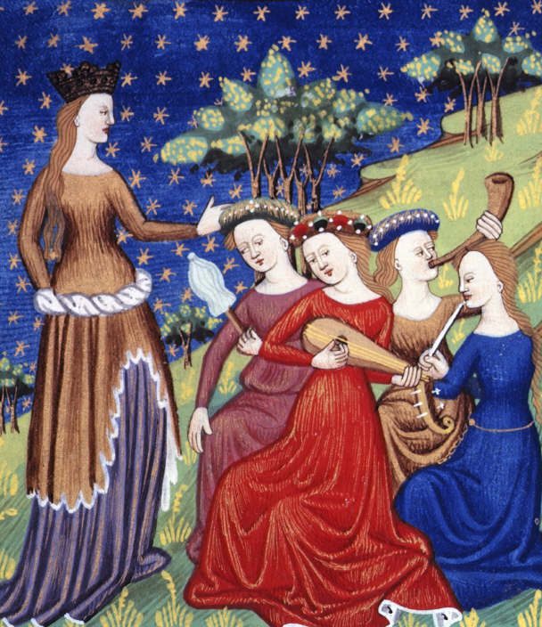 Queen with four attendant maidens playing musical instruments. French translation of De claris mulieribus. (Image: Wikimedia/Giovanni Boccaccio)