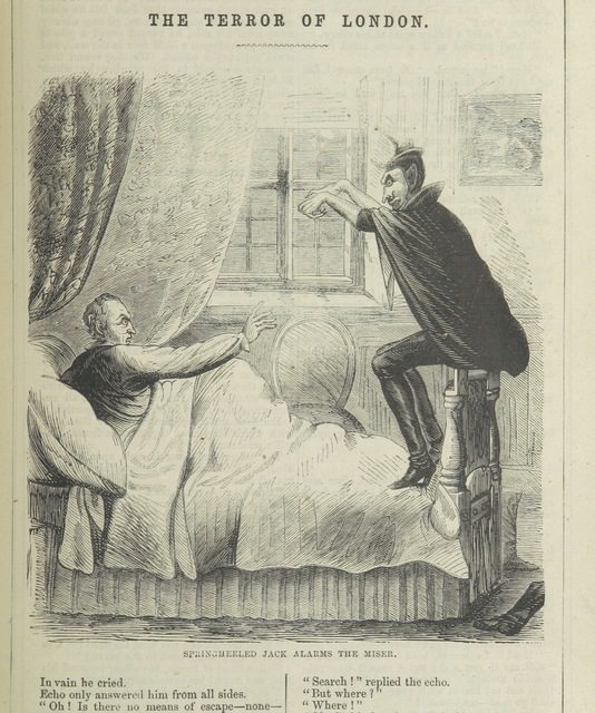 Springheeled Jack alarms the miser from "Spring-heel'd Jack: the Terror of London. A romance of the nineteenth century, by the author of the “Confederate's Daughter”. (Image: Picryl)