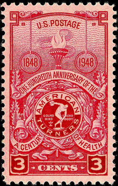 United States postage stamp (Scott 979) commemorating the centenary of the American Turners. (Image: Wikimedia/United States Post Office Department)