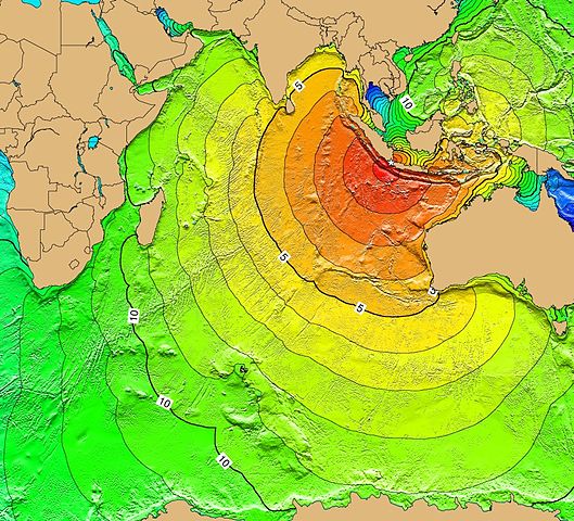 Map of the tsunami generated by the explosion of the Krakatoa Volcano in Indonesia on August 27, 1883. It made a 30 meter wave in the Sunda Strait which destroyed at least 65 coastal villages. (Image: Wikipedia/NOAA/Sémhur)