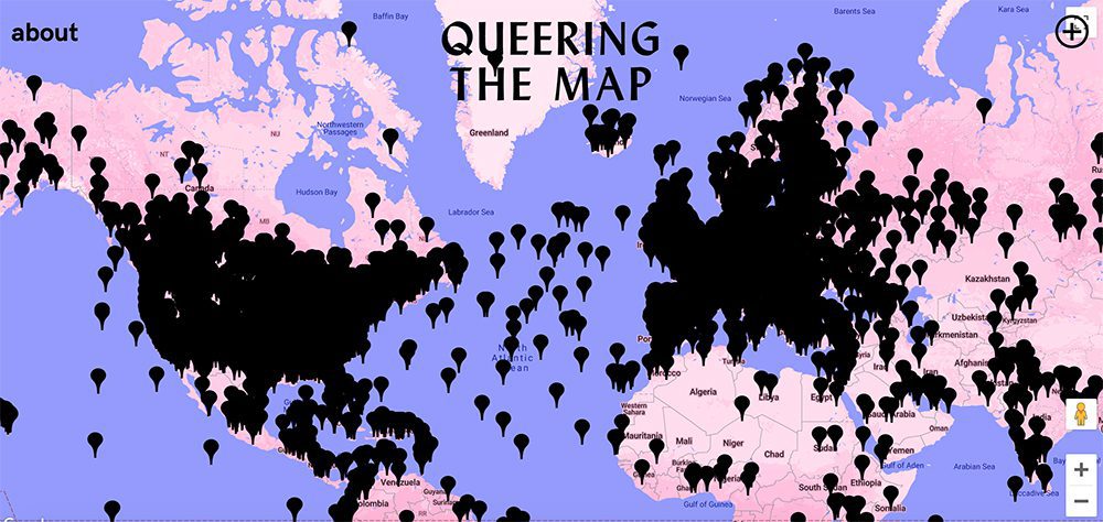 Queering the Map is a community-based online collaborative mapping project created by Montreal-based Lucas LaRochelle. (Image: Queering the Map)
