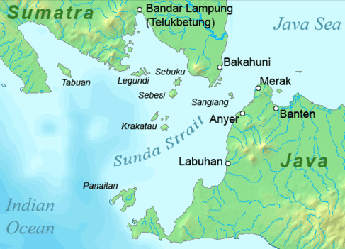 Krakatoa is positioned in the Sunda Strait between Java and Sumatra. (Image: Wikipedia/Telim tor)