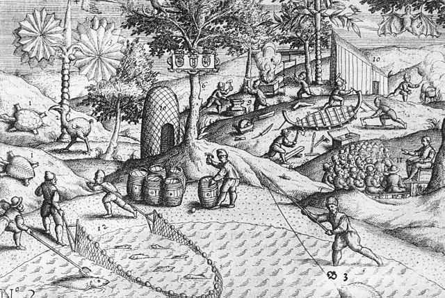 Copper engraving (made in the Netherlands) showing Dutch activities on the shore of Mauritius, as well as the first published depiction of a dodo bird (Raphus cucullatus), on the left. The now extinct tortoise Cylindraspis and an unidentified Pteropus (bat) are shown as well. (Wikipedia/Johann Theodor de Bry)
