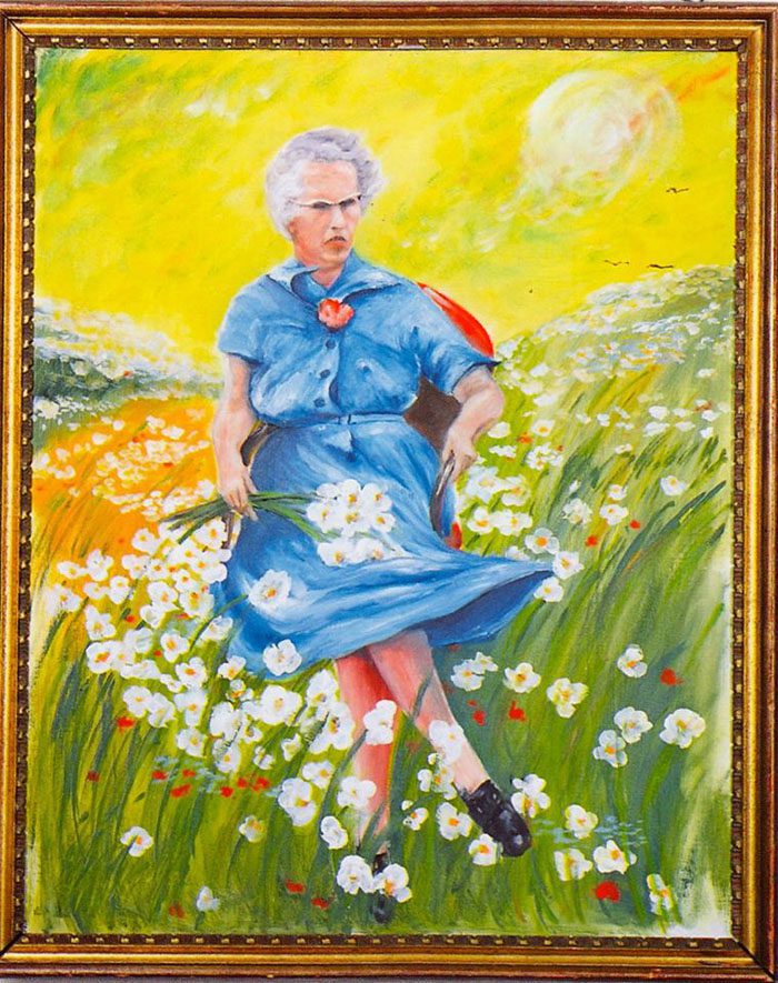 Found in a bin, Lucy in the Field With Flowers shows an elderly lady running through a field. (Source: Museum of Bad Art Facebook page)
