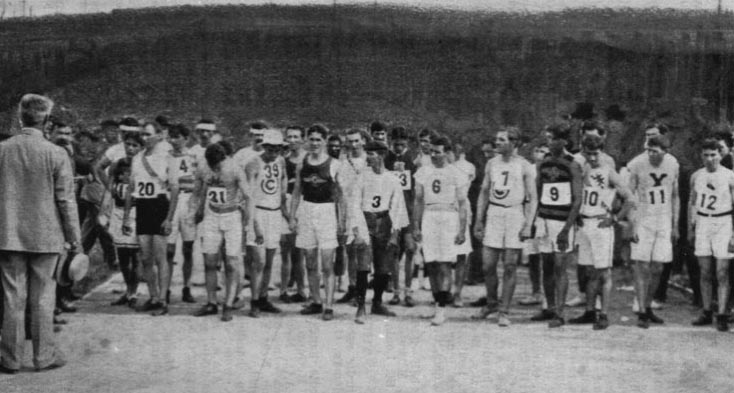 The start of the 1904 Olympic Marathon: 20, Thomas J. Hicks, Y.M.C.A.; 31, Fred Sorg, Mohawk A.C., Greece; 39, S. H. Hutch, Chicago A.C.; 3, Felix Carvajal, Cuba; 6, Christos D. Zehouritis, Greece; 7. Albert L. Corey, Chicago A. C.; 9, Frank Pierce, Indian; 10, S. A. Mellor; 11, Edward P. Carr, Xavier A.A.; 12, A. L. Newton, N.Y.A.C., New York. (Photo: . Spalding's Official Athletic Almanac 1905)