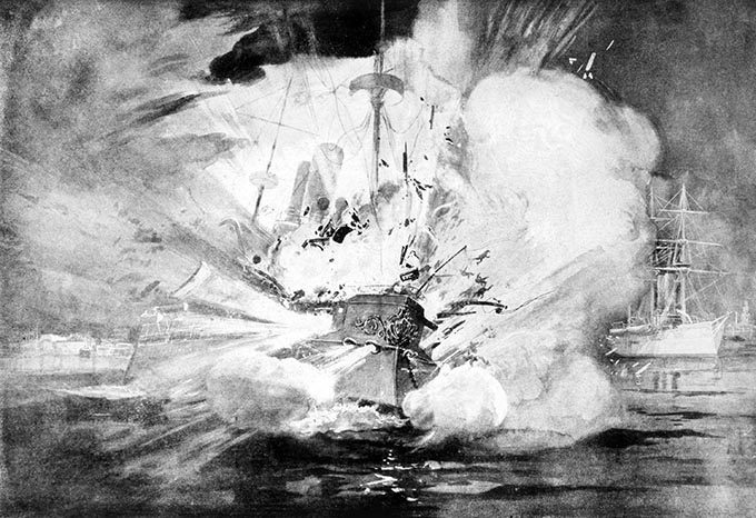 The Spanish American War (April-August 1898), illustration from Leslie's Weekly of the destruction of the USS Maine at Havana, Cuba on Feb, 15, 1898. (Photo: Shutterstock)