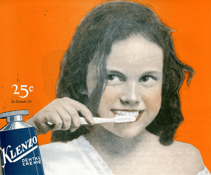 Vintage newspaper advert for Klenzo dental creme toothpaste from October 22, 1921 Saturday Evening Post (Image: Flickr/Don O'Brien)