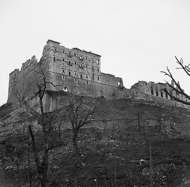  The ruined monastery at Cassino, Italy, 19 May 1944. Ruined shell of the Monte Cassino Monastery a day after it was captured by the 2nd Polish Corps troops. Photograph shows the only surviving wall of the Abbey after the bombardment in February 1944. (Wikimedia/McConville (Sgt), No 2 Army Film & Photographic Unit/Imperial War Museum)