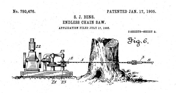 Samuel.J.Bens was granted a patent for a chainsaw in 1905. However, it would prove to be too large and impractical when used. (Image: Google Patents)