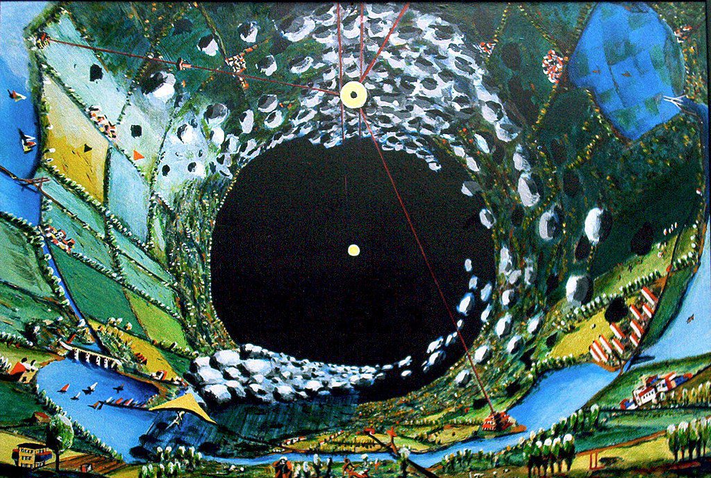 An artist's visualization of the space settlement described in the Rendezvous with Rama. Oil painting on board. Dimensions 72x49cm.
