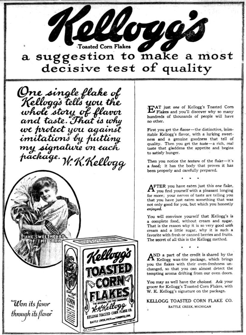 An advertisement for Kellogg's Toasted Corn Flakes from the August 23, 1919 edition of the Morning Oregonian.