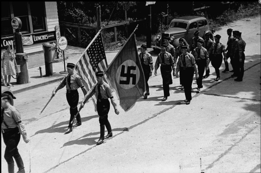 Members of the German American Bund marching in Camp Siegfried, 1937