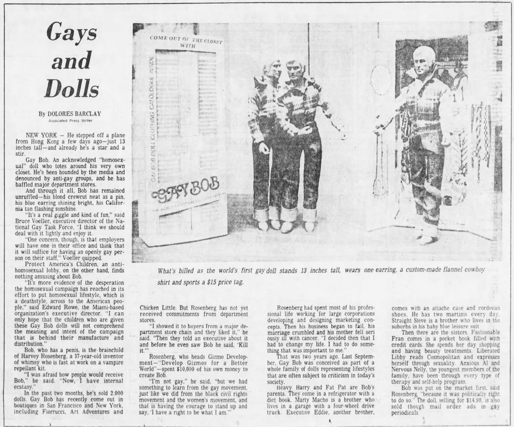 "Gays and Dolls", a piece about the Gay Bob Doll. Pittsburgh Post-Gazette, 9 August 1978, Wednesday, p. 45.
