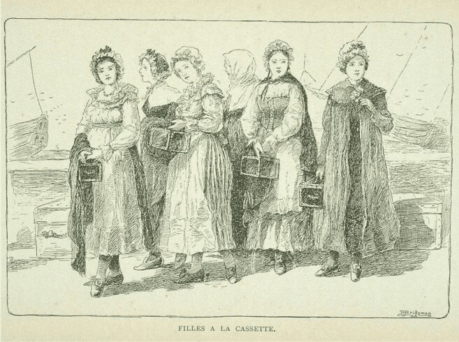 1870s lithograph of French girls arriving with their travel bags