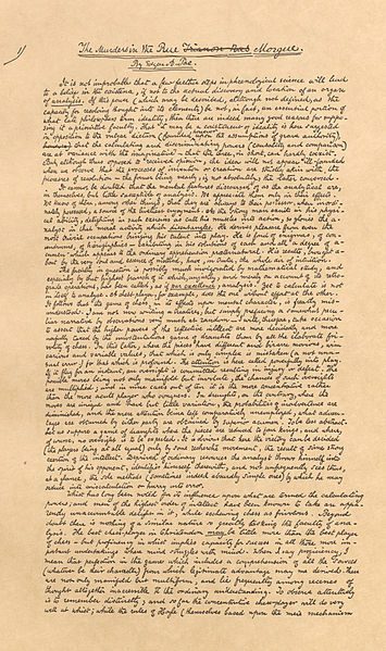 Facsimile of Edgar Allan Poe's original manuscript for "The Murders in the Rue Morgue", from the Susan Jaffe Tane collection, Cornell University.