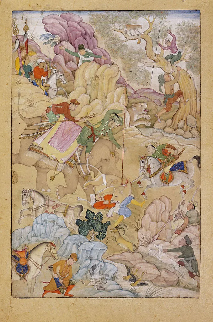 A painting showcases the dynamic battle between men and lions.