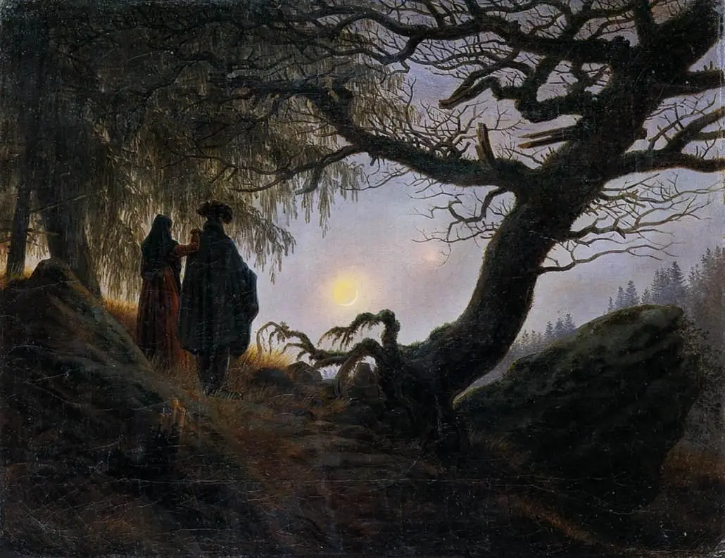 A painting portraying two individuals in a forest, exploring the concept of biocentrism.