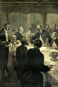 Léon Benett, "A Dinner Party" (an illustration from the novel Clovis Dardentor by Jules Verne) (1896) (Credit: Wikimedia) 