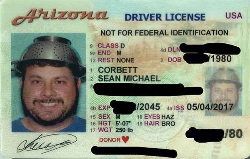 Enthusiastic Pastafarian, Sean Corbett, sporting his colander hat on his Arizona Driver License (Photo: AZFamily.com)