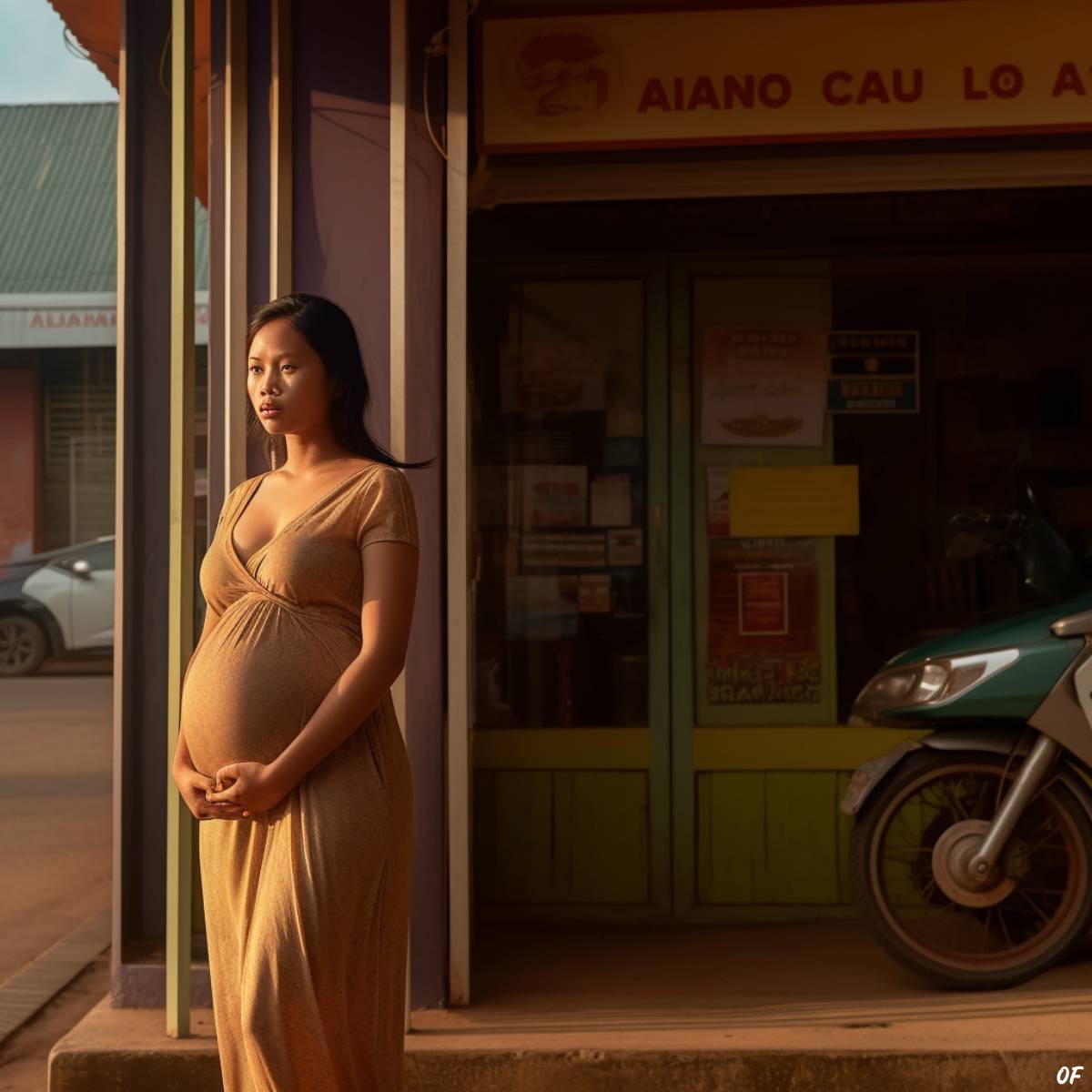 Illustration of a Laotian surrogate standing outside a surrogacy clinic.
