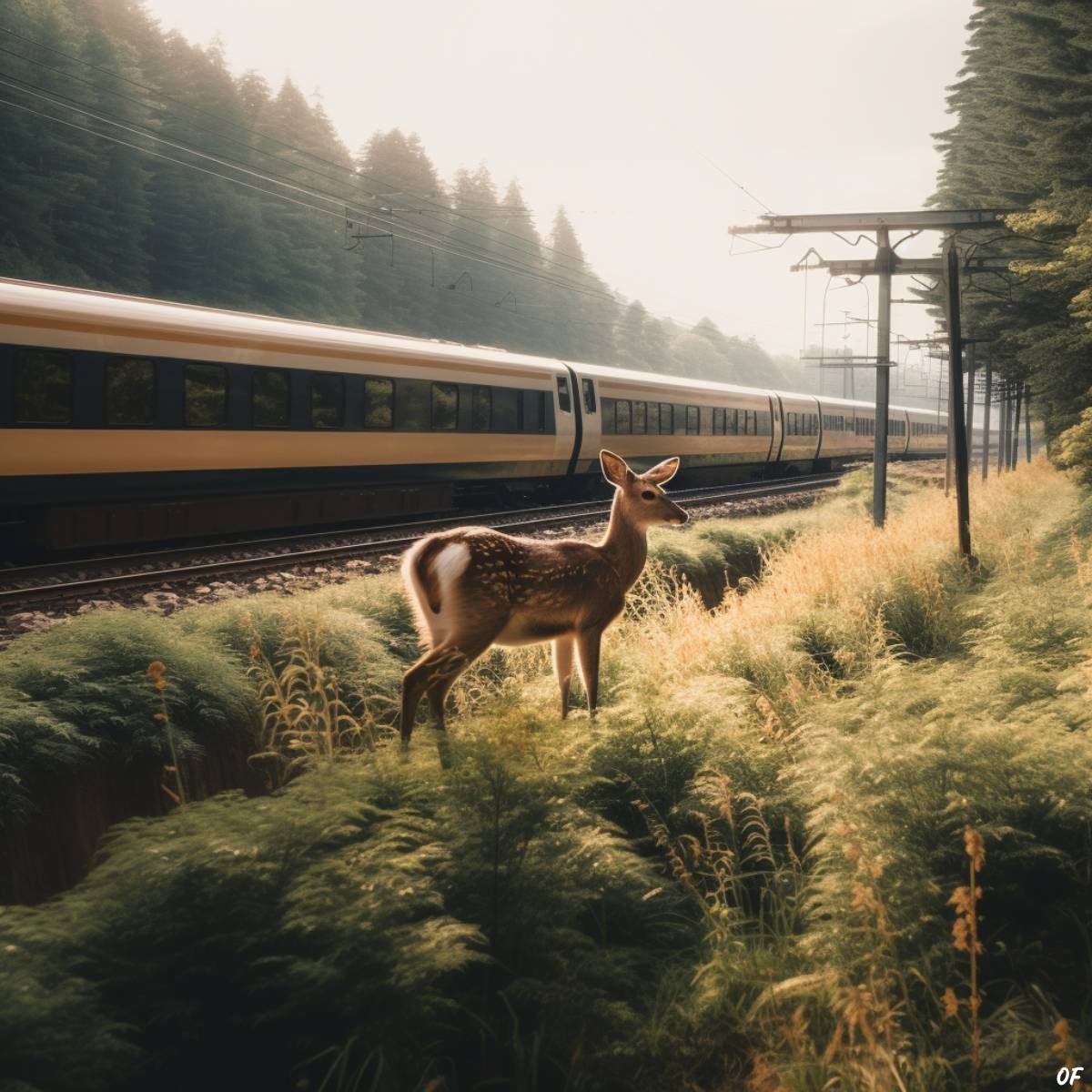A Sika deer stands at the side of a railway track as a high speed Japanese train passes by.