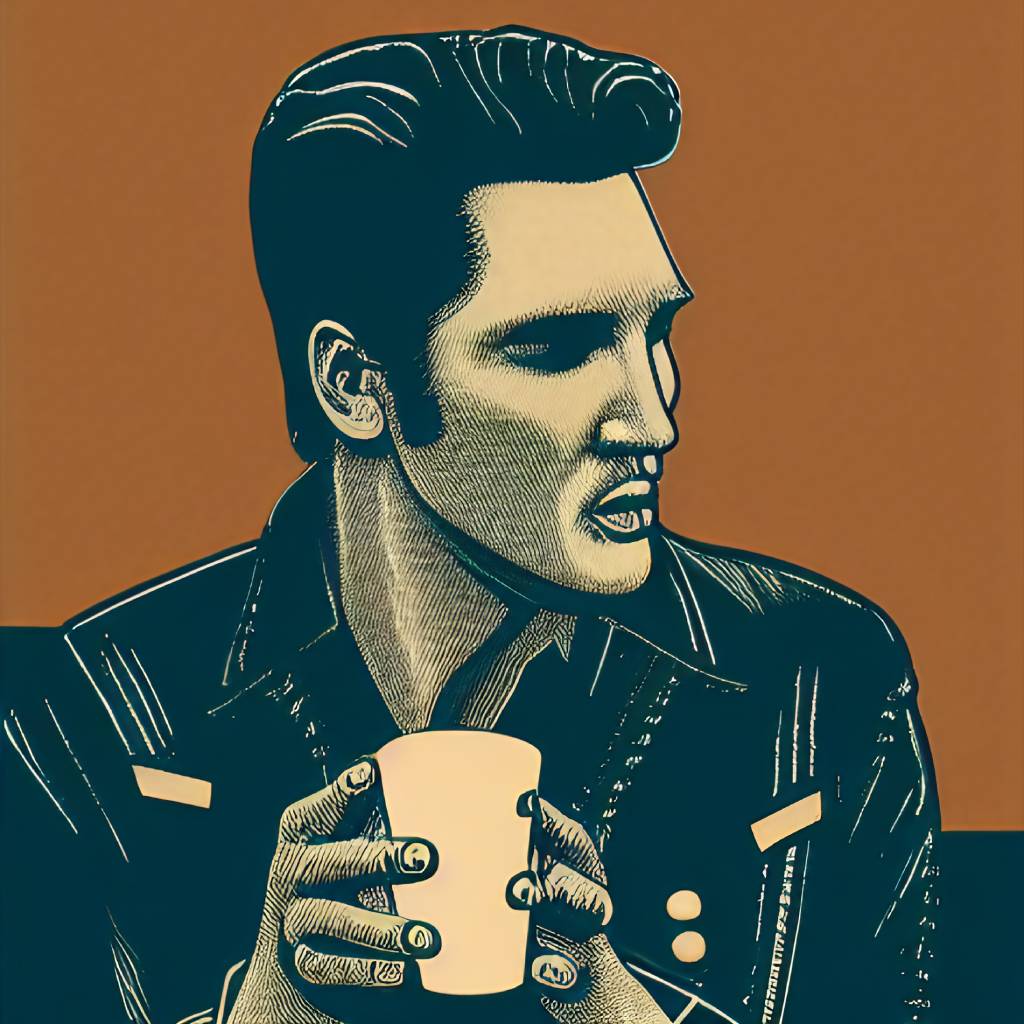 Painting of Elvis holding a dixie cup.