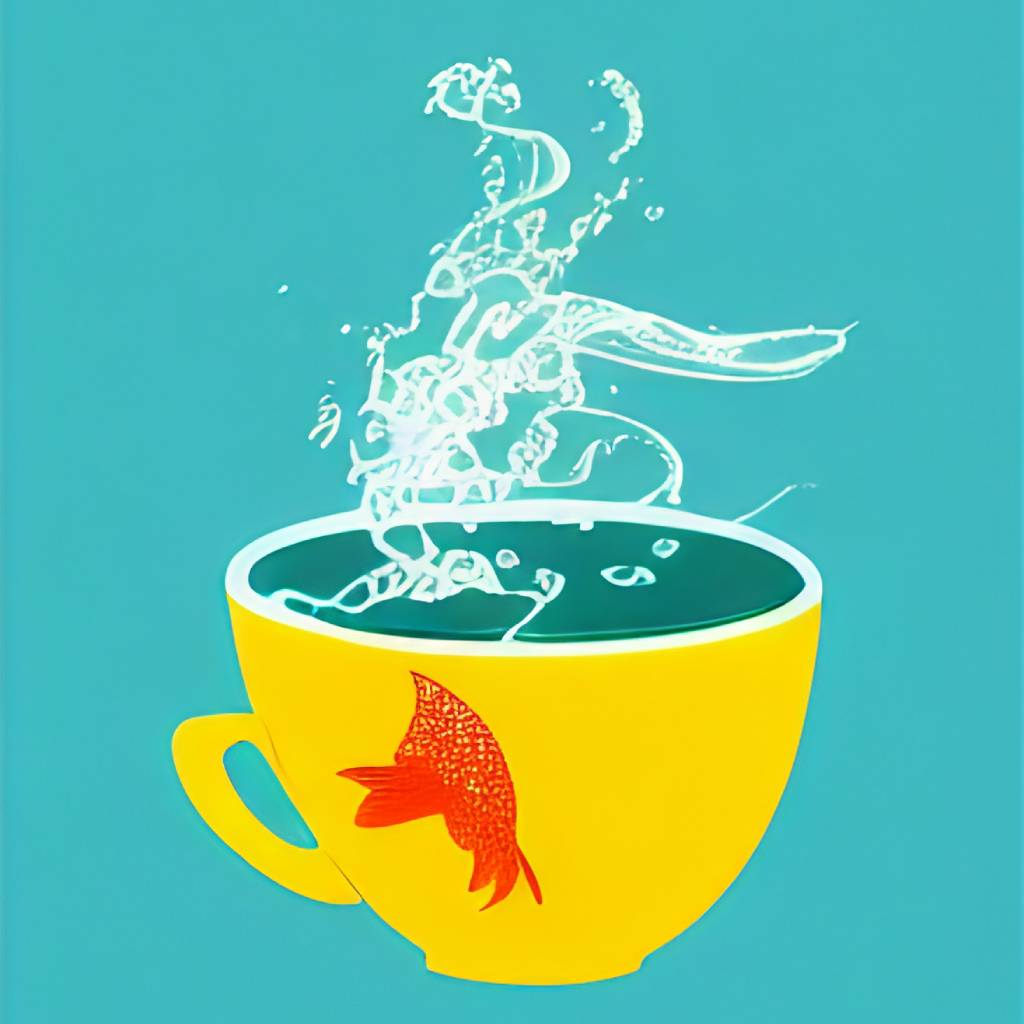 Painting of a goldfish in a tea cup.