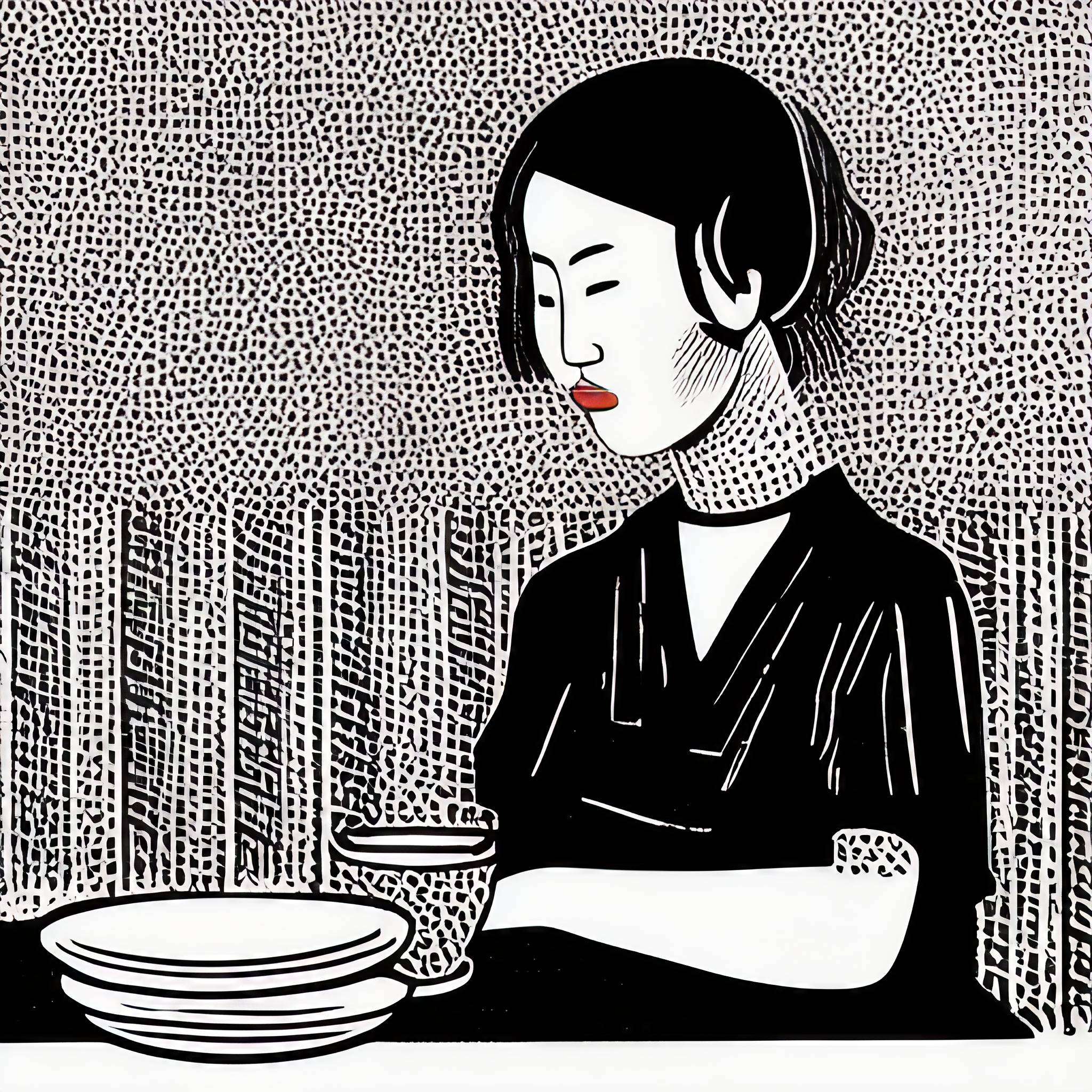 Painting of woman eating Hongeo in restaurant.