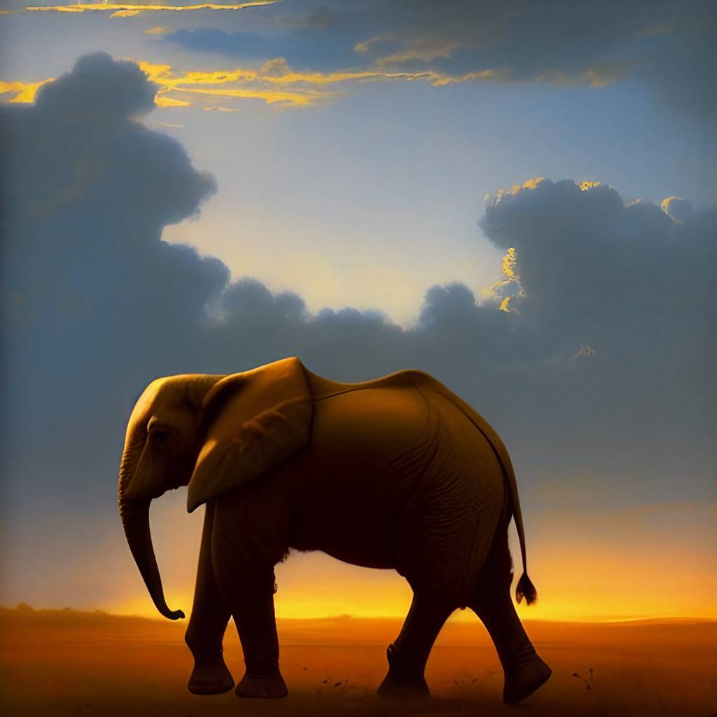 Oil painting of a tuskless elephant.