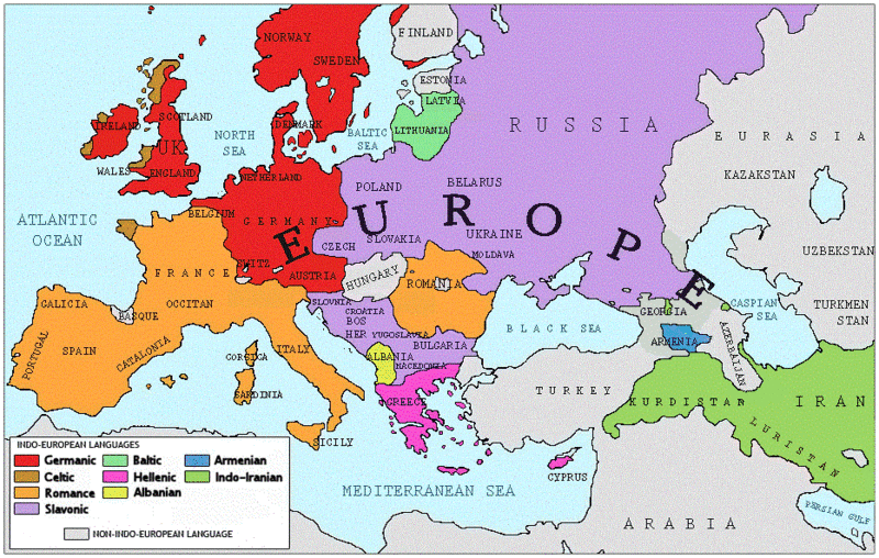 Indo-European languages in Europe. Note that the borders are not country borders. (Photo: Wikimedia Commons/Iolaafi)