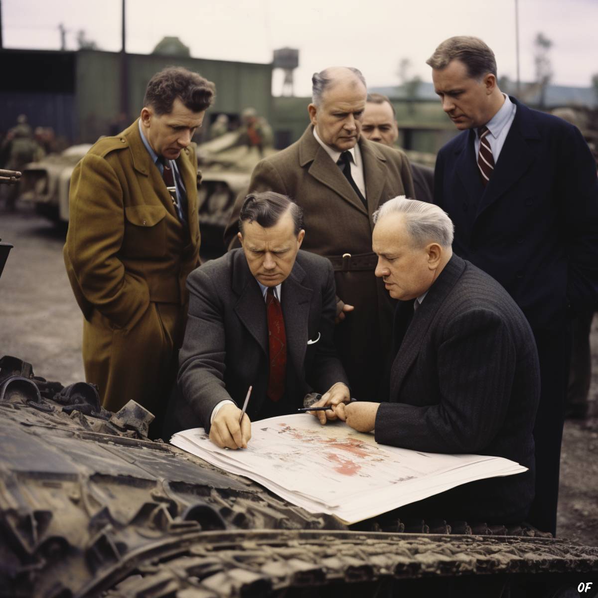 Government and Military officials conducting a review of the Bob Semple Tank.