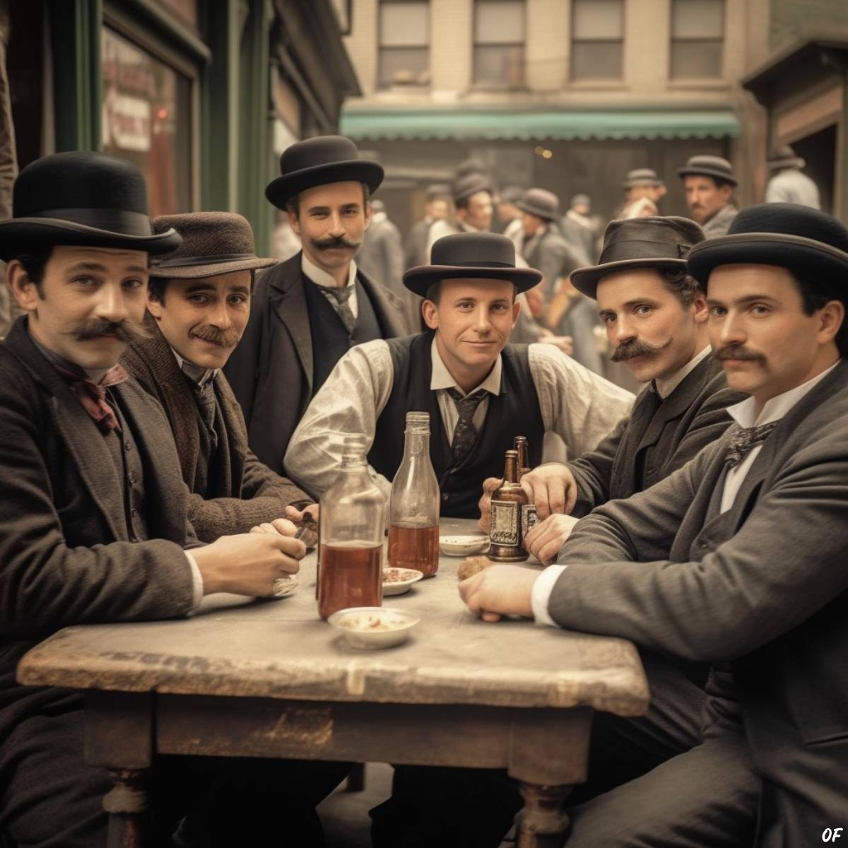In the bustling heart of 1890s New York, a convivial group of men congregated outside a delicatessen, savoring their drinks amidst the city's lively hum.