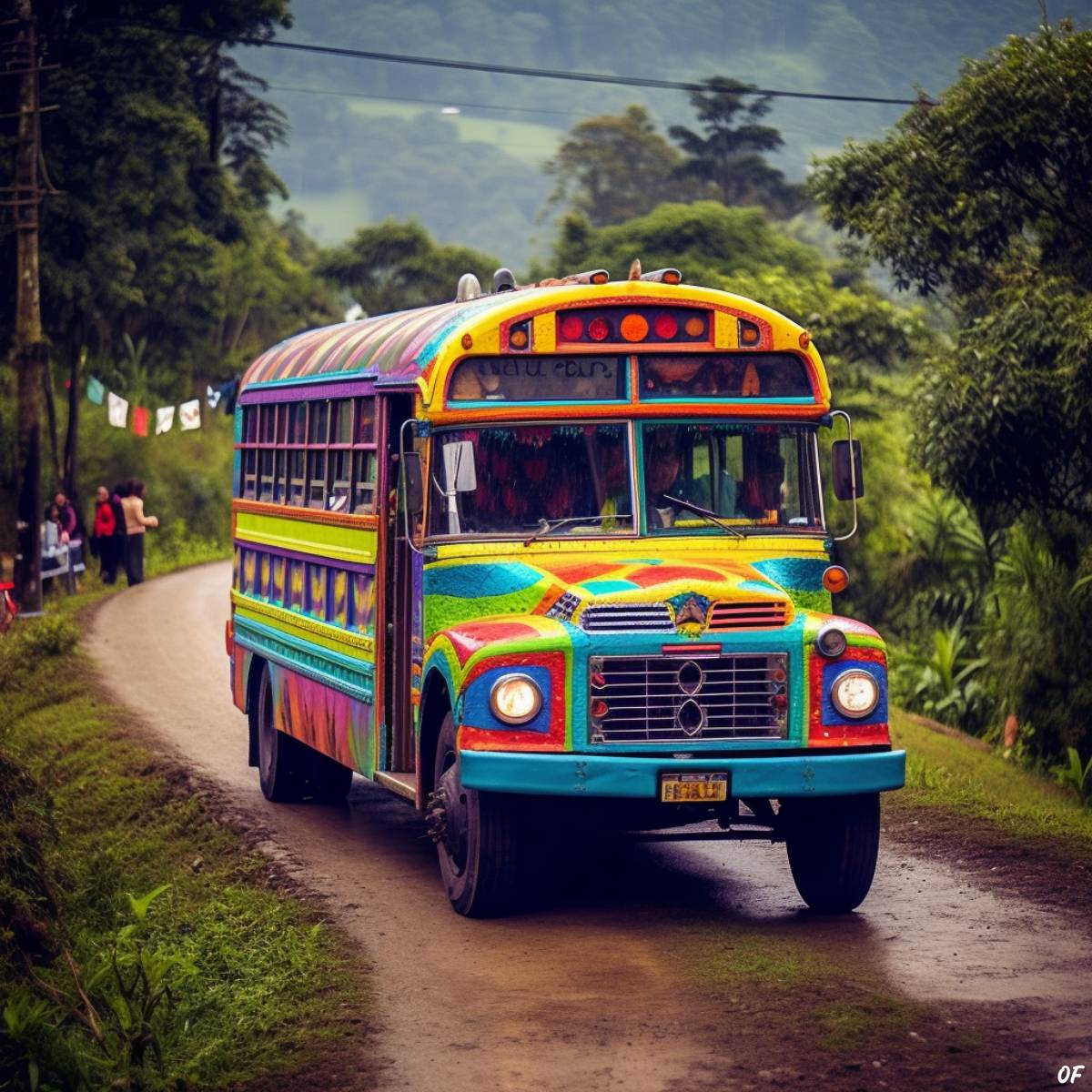 Painted in an exuberant rainbow of vivid colors, the Guatemalan chicken bus, a lovingly retrofitted American school bus, stands out against the lush backdrop of the Central American countryside.
