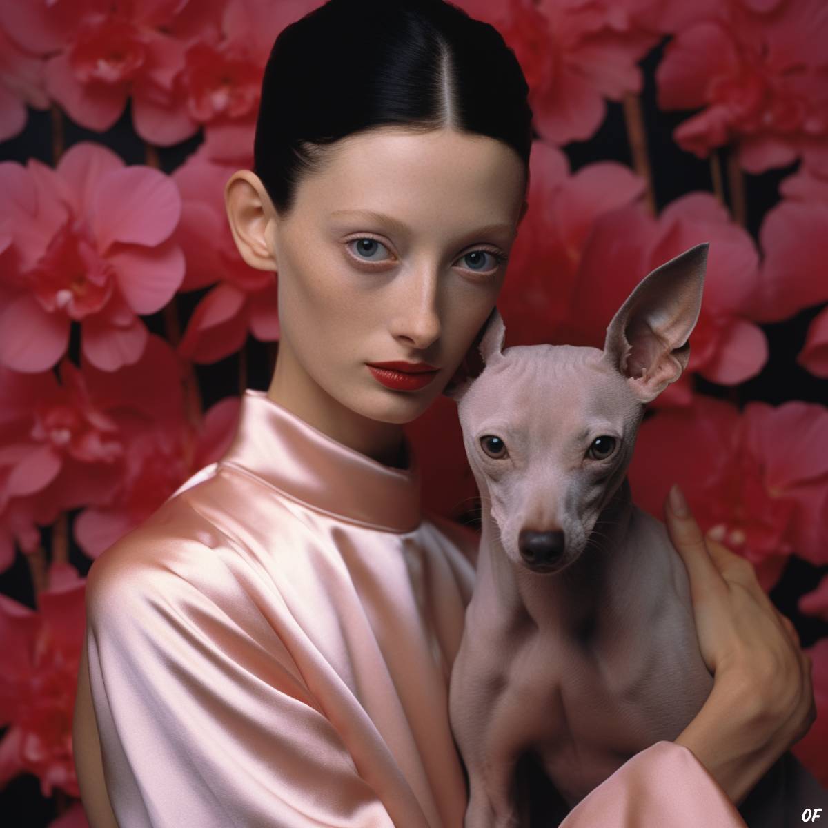 A woman cradling a hairless Peruvian Inca Orchid dog.