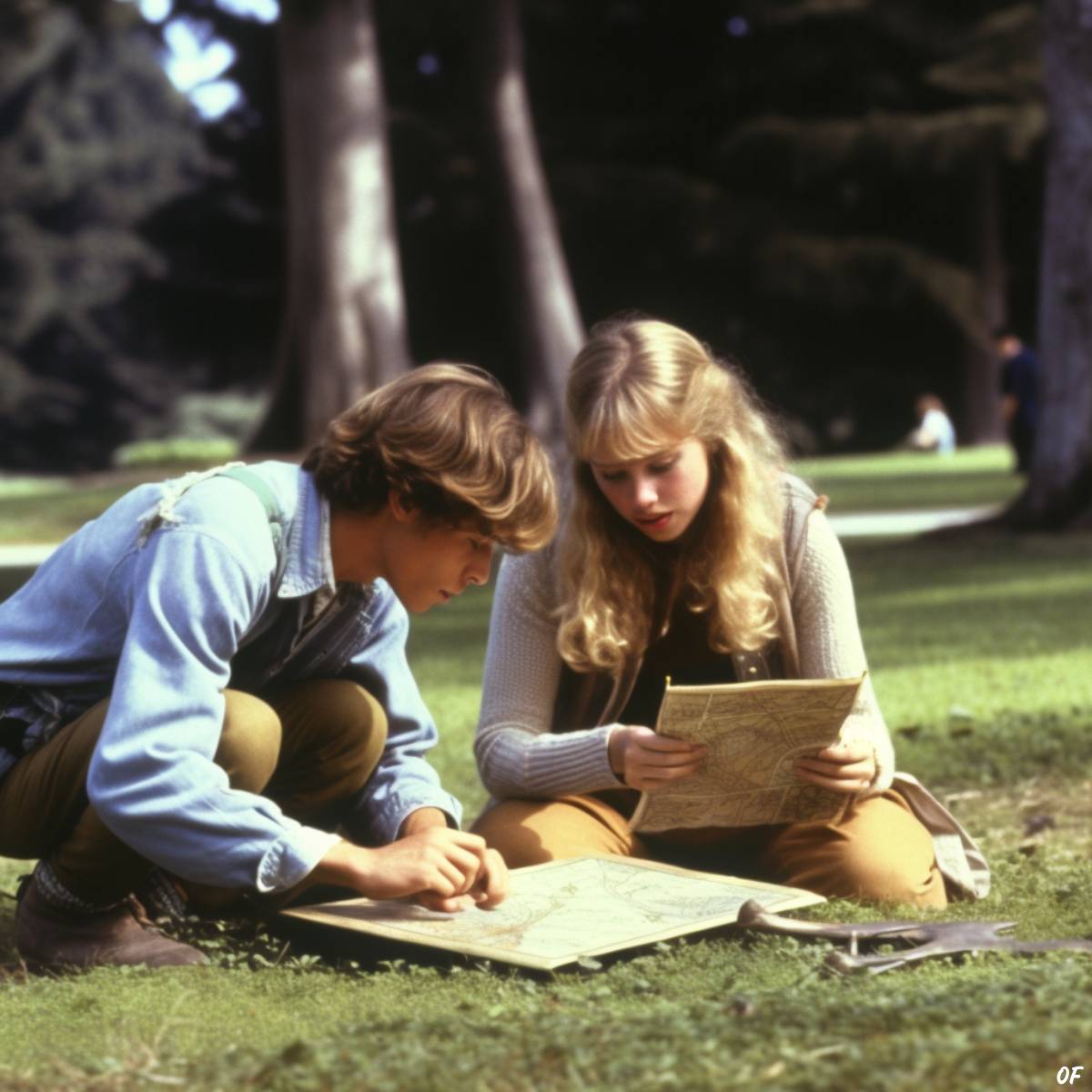 A young couple is studying a treasure map on a sunny day in Golden Gate Park, San Francisco.