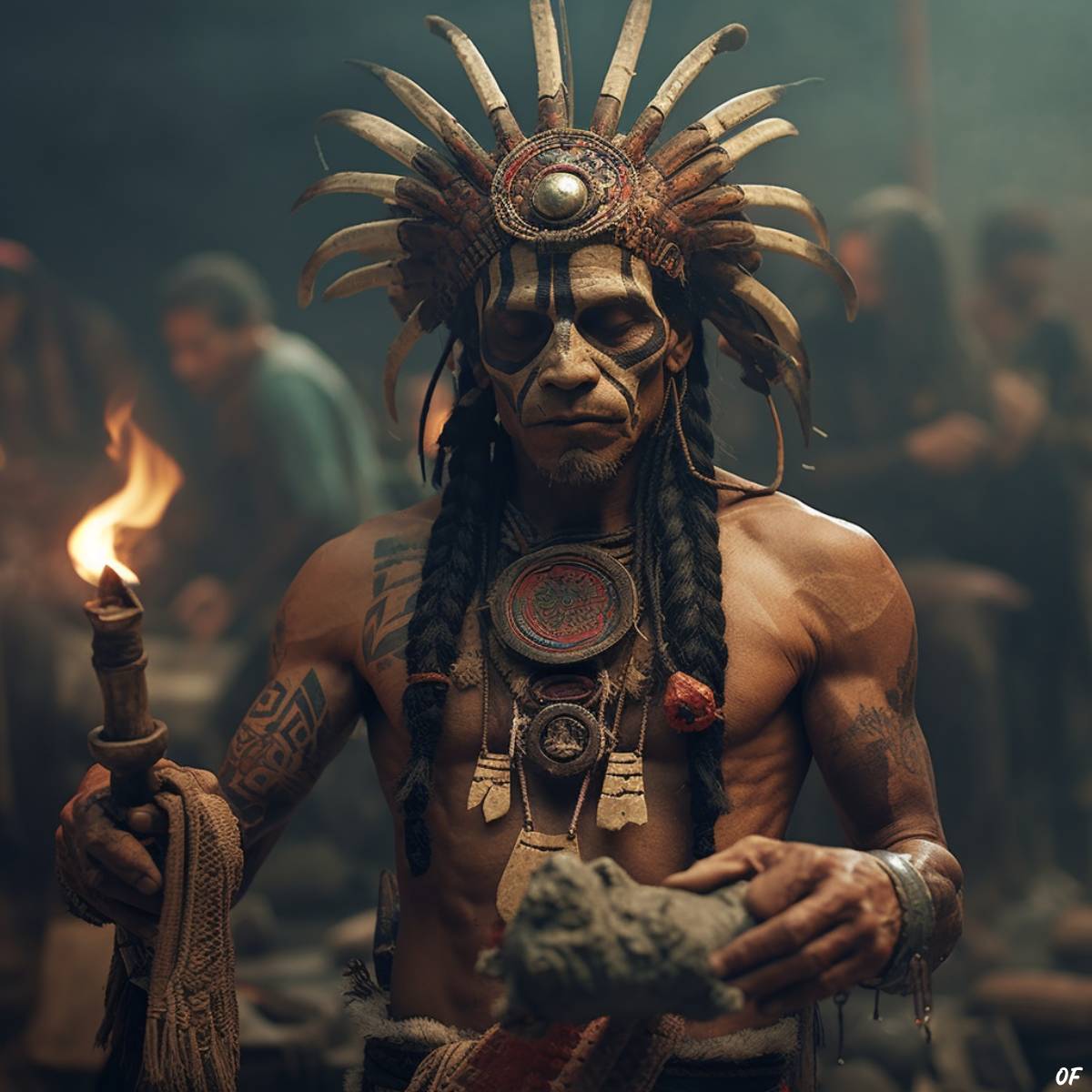 An Aztec Warrior performing ancient rites during a ritual sacrifice.