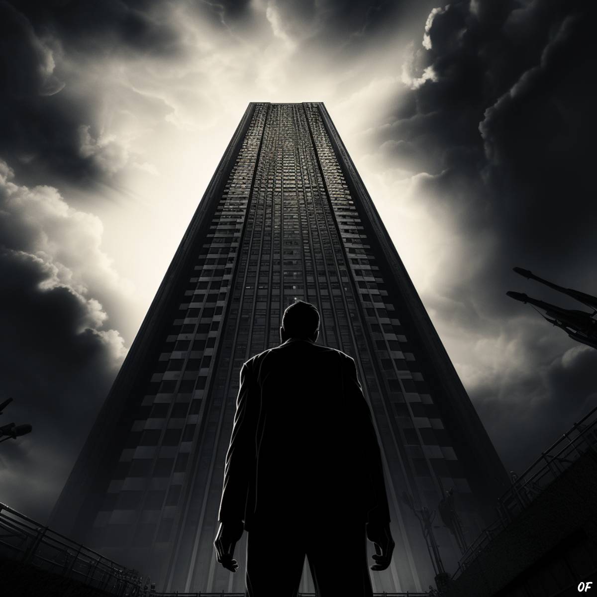 A man standing in front of a towering building.