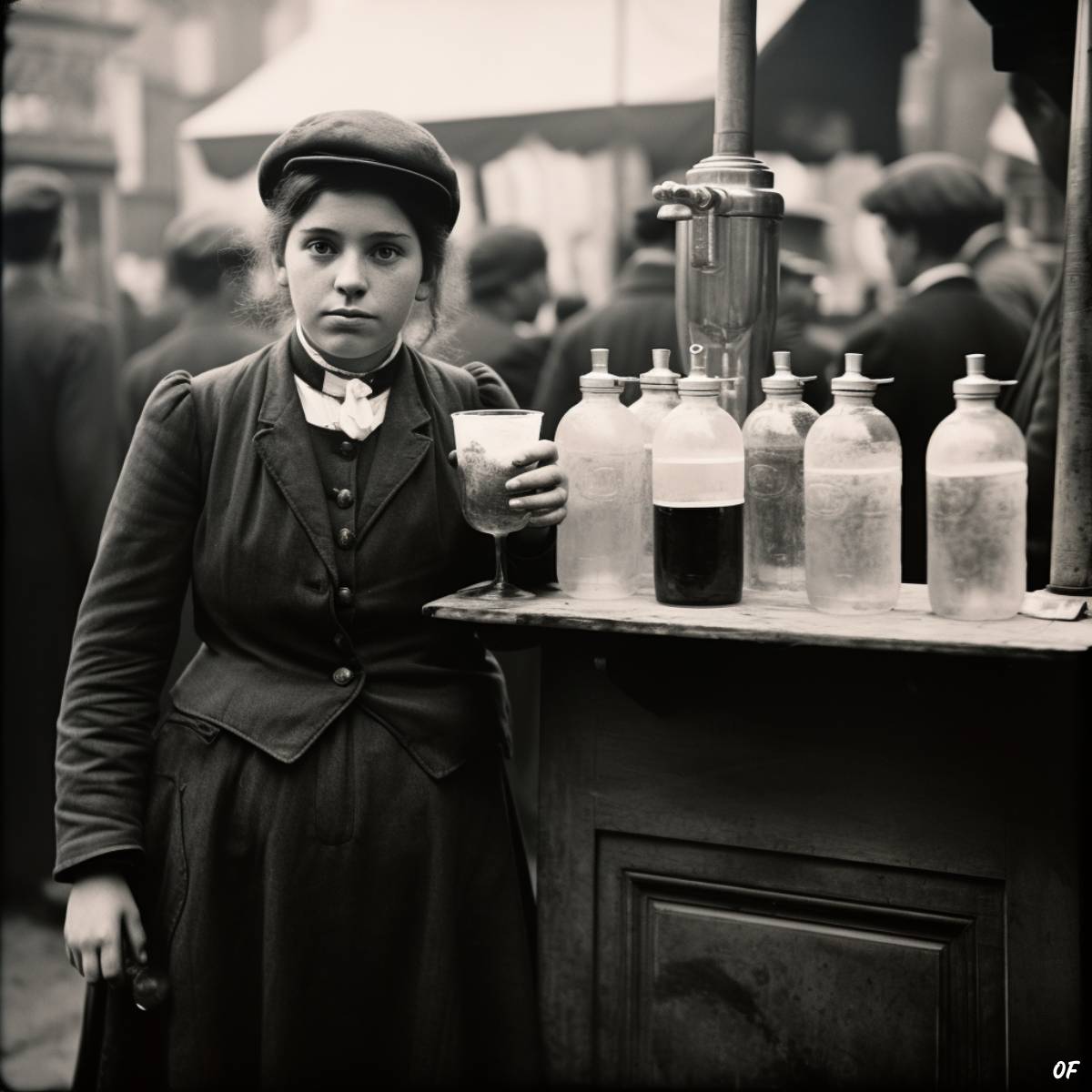 A Victorian circus concession worker selling pink lemonade.