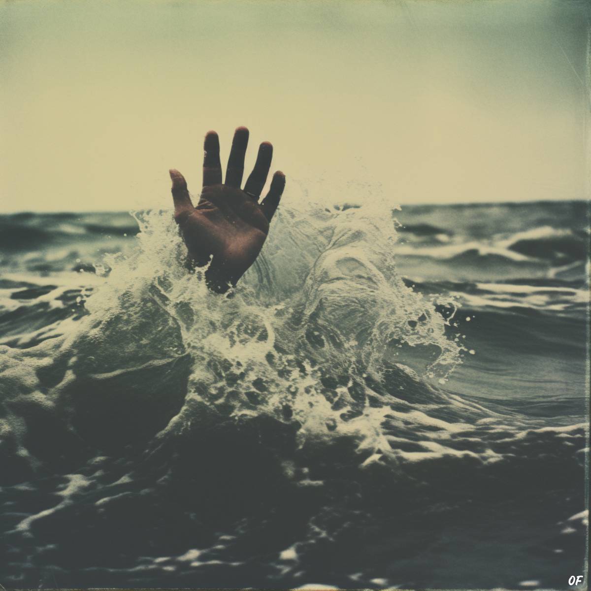 A desperate hand breaking through the ocean waves.