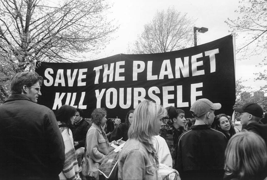 One of the Church of Euthanasia's most famous slogans: "Save the Planet, Kill Yourself." (Photo: The Church of Euthanasia website)