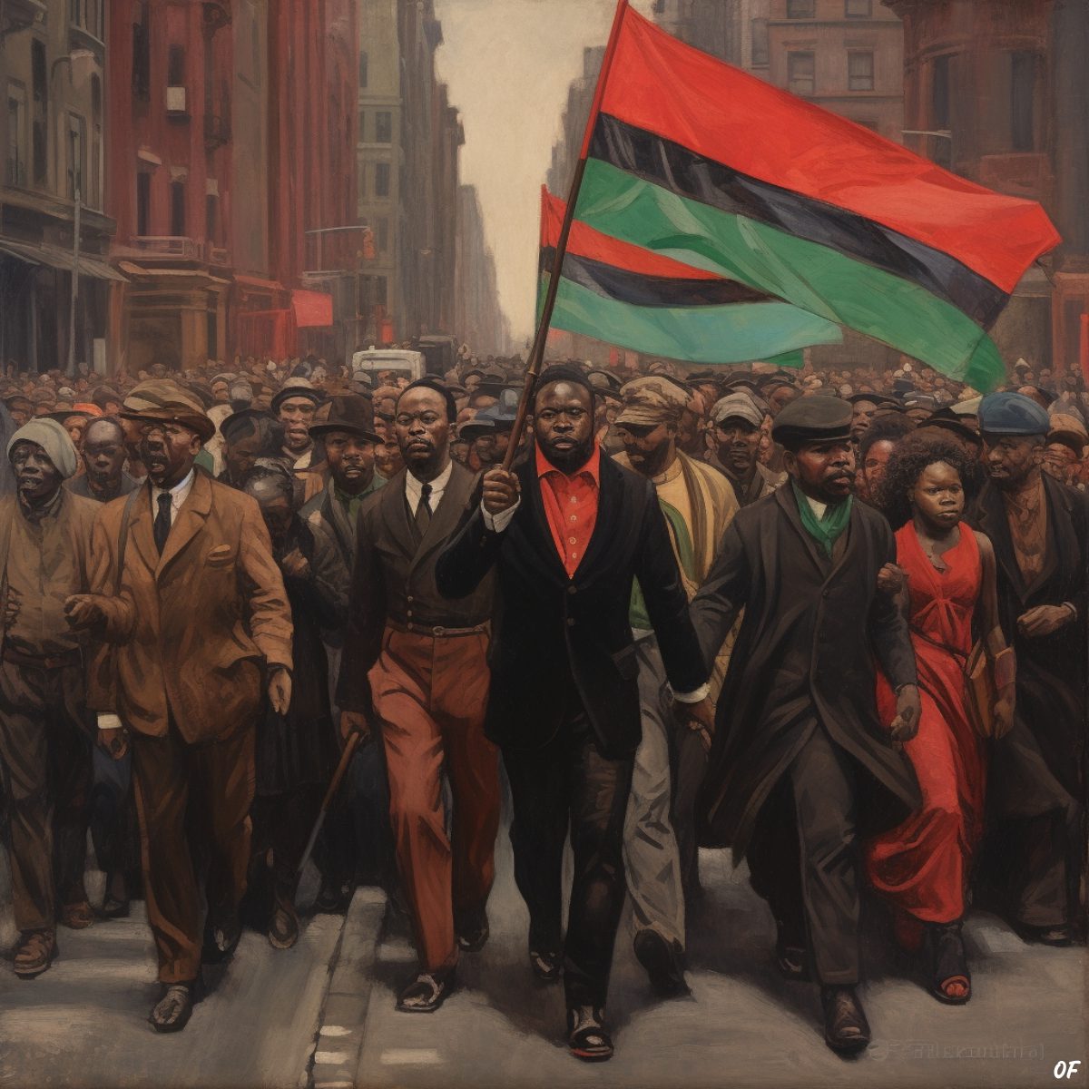 A black rights activist march in 1920s New York led by Marcus Garvey holding a Pan African Flag.