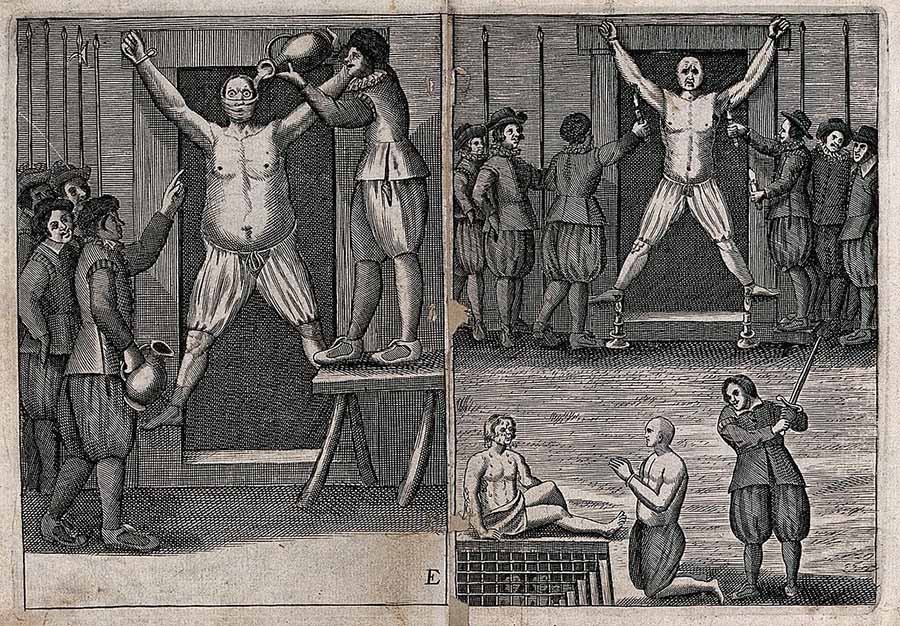 Left, a man suffers the "torture of water"; left, a man tied to a rack has his armpits and the soles of his feet scorched by candles. Etching. (Wikimedia/Wellcome Images)