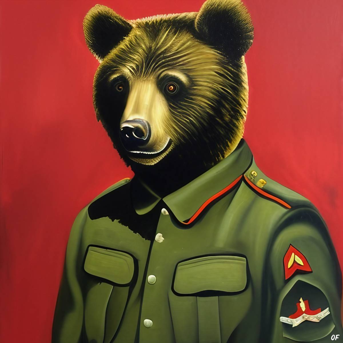A painting of a bear in a military uniform.