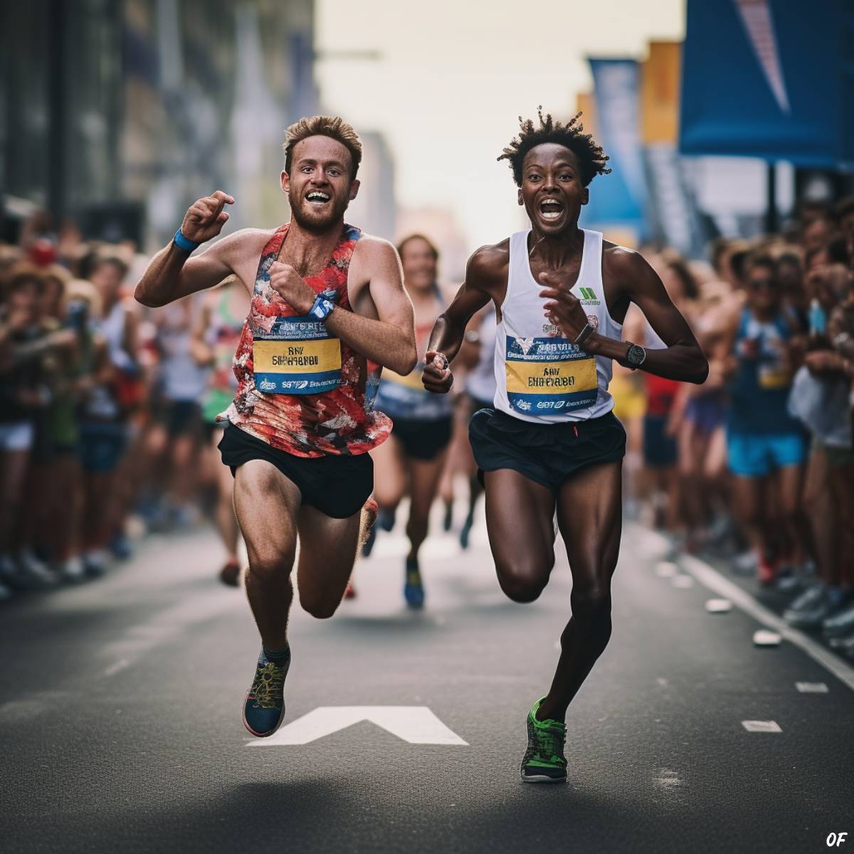 Two runners competing in a marathon.