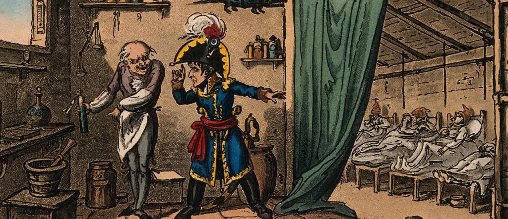 Napoleon Bonaparte instructing the doctor to poison the plague victims at Jaffa in 1799. Coloured aquatint by G. Cruikshank, 1814. (Image: Wellcome Collection)
