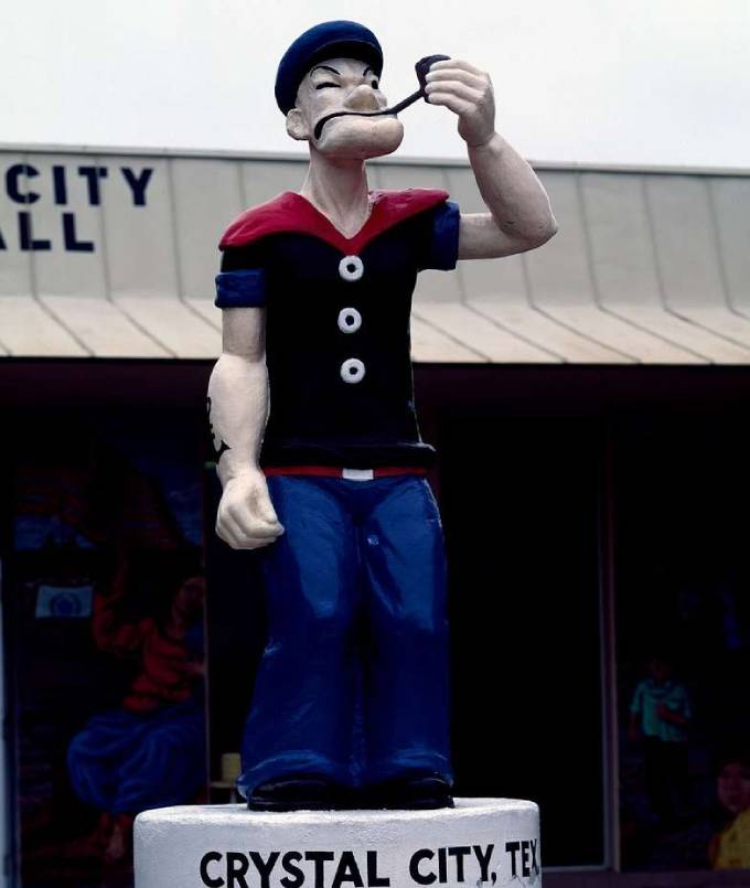 Crystal City, Texas, produced 10,000 cans of spinach per day during it's peak. It boldly awarded itself the title of "World Spinach Capital" in 1937, anmd erected a statue to Popeye in tribute. (Photo: Carol M. Highsmith Archive, Library of Congress, Prints and Photographs Division)