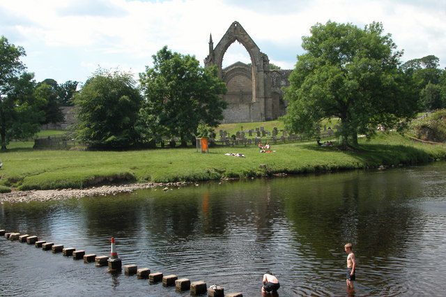 Bolton Abbey and the River Wharfe Stepping stones across the River Wharfe at Bolton Abbey. (Photo: Wikimedia/geograph.org.uk/Philip Halling)